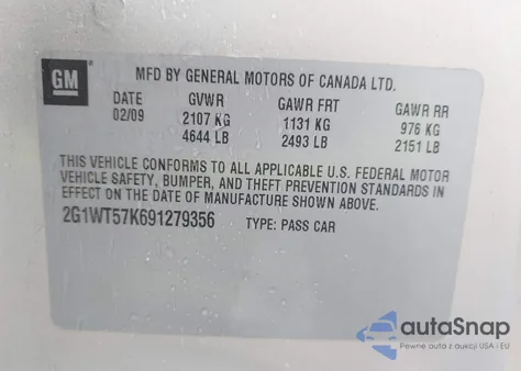 2009 Chevrolet Impala Lt z USA, uszkodzony, nr VIN 2G1WT57K691279356